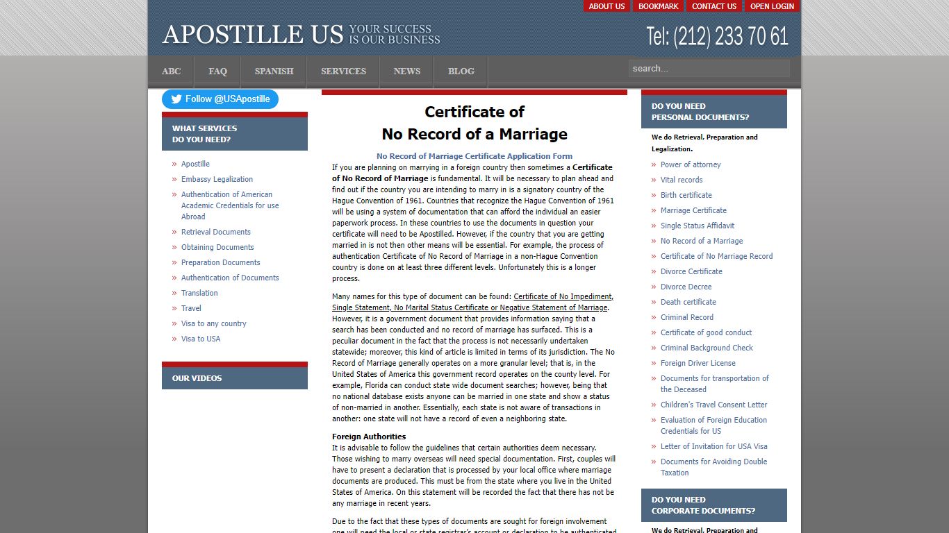 certificate of no record of a marriage - Apostille