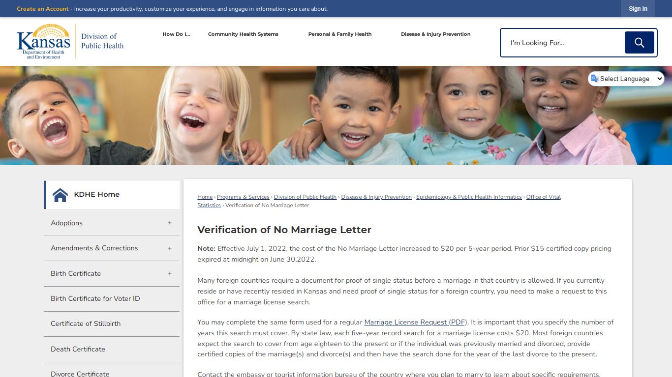 Verification of No Marriage Letter | KDHE, KS - Kansas