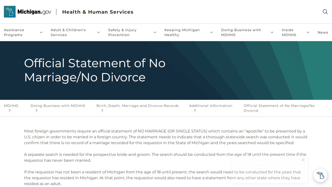 Official Statement of No Marriage/No Divorce - Michigan